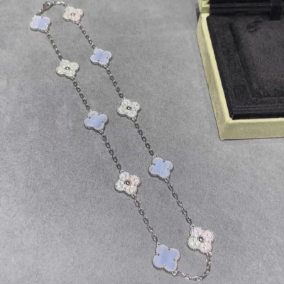 紫玉髓银色间钻四叶草十花项链